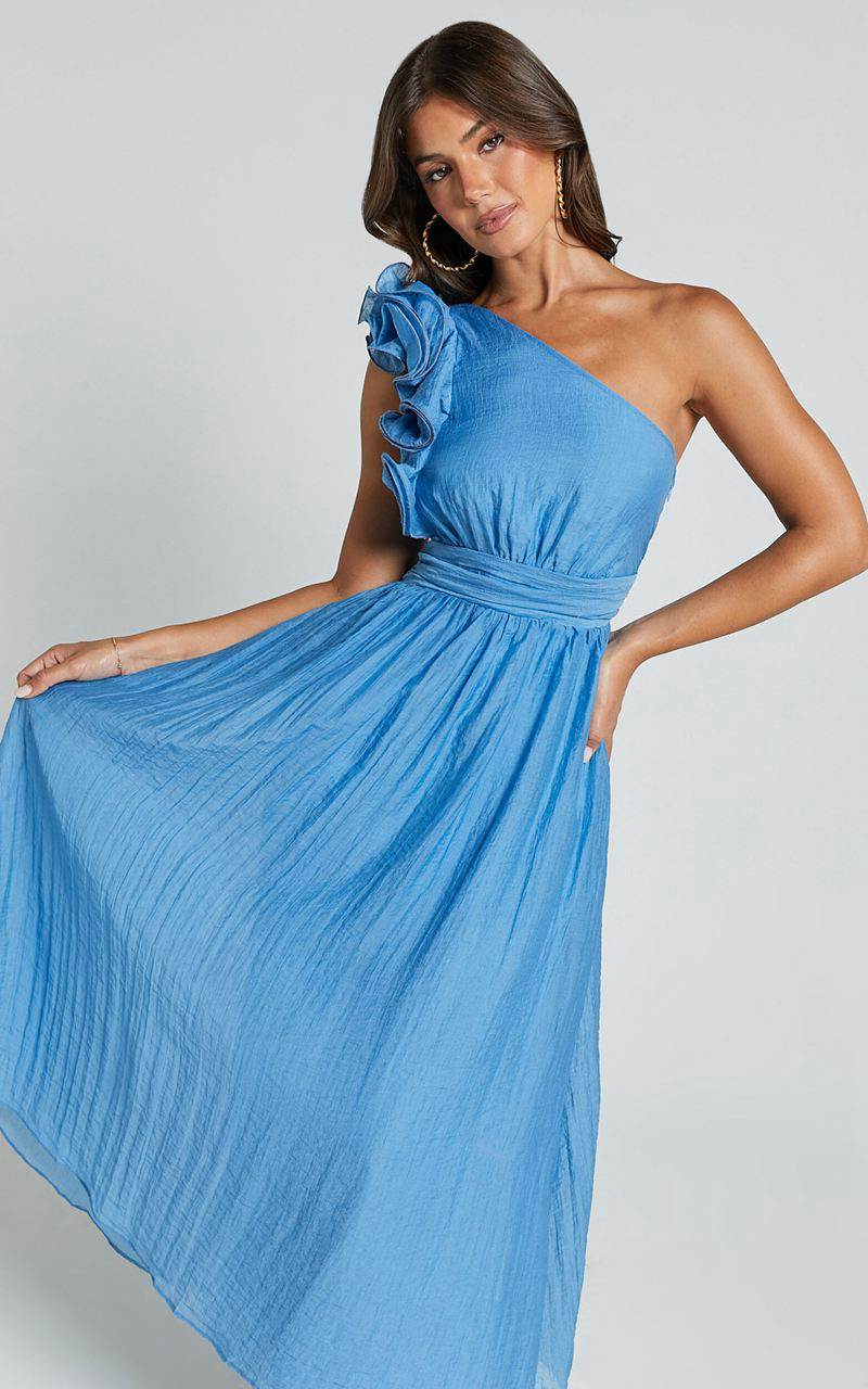 Showpo Dorothy Midi Dress - One Shoulder Frill Detail Fit And Flare Dress Sky Blue | XCYGBH975