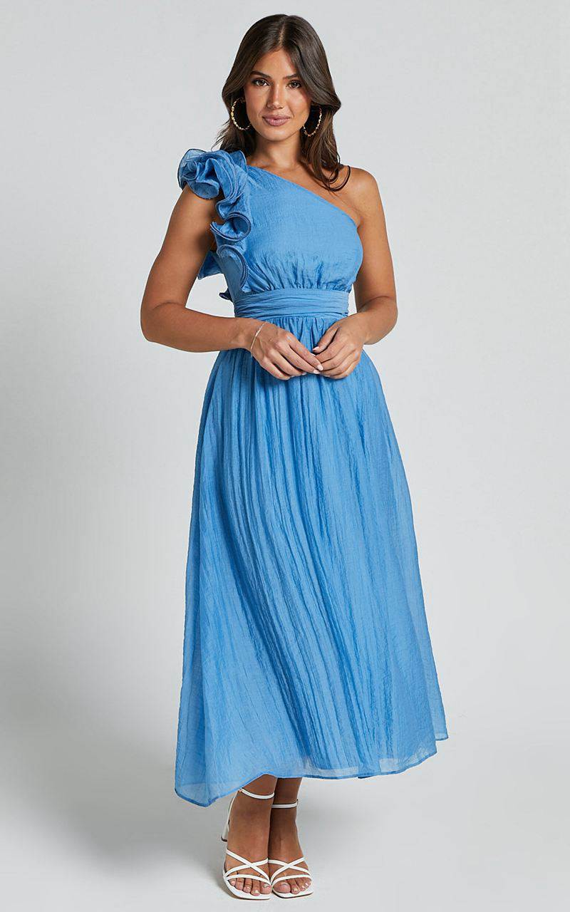 Showpo Dorothy Midi Dress - One Shoulder Frill Detail Fit And Flare Dress Sky Blue | XCYGBH975