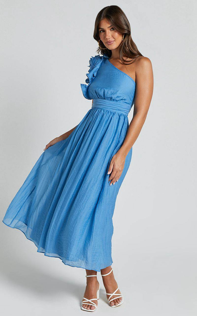 Showpo Dorothy Midi Dress - One Shoulder Frill Detail Fit And Flare Dress Sky Blue | XCYGBH975