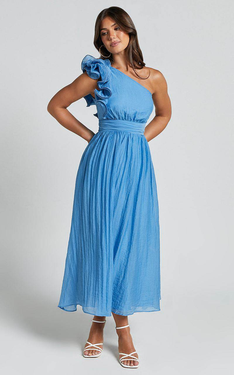 Showpo Dorothy Midi Dress - One Shoulder Frill Detail Fit And Flare Dress Sky Blue | XCYGBH975