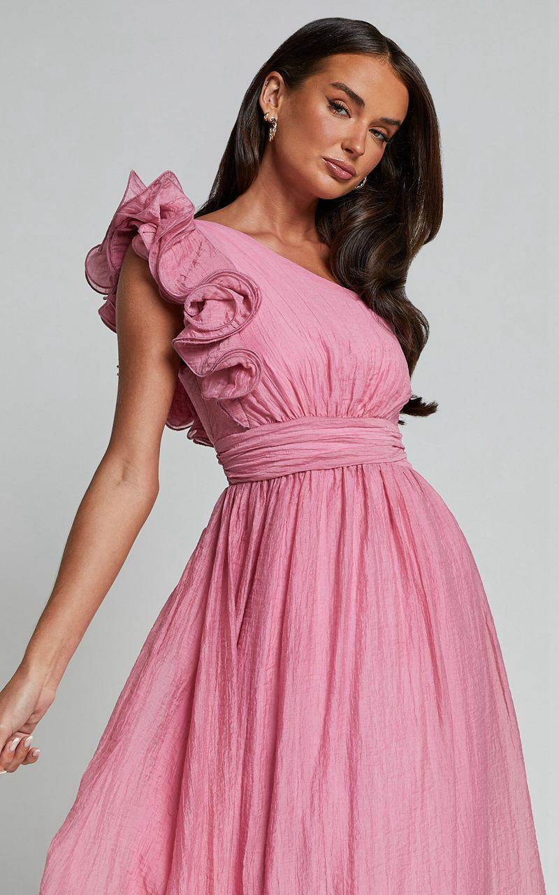 Showpo Dorothy Midi Dress - One Shoulder Frill Detail Fit And Flare Dress Pink | MECKJG851