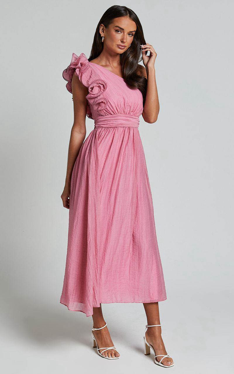 Showpo Dorothy Midi Dress - One Shoulder Frill Detail Fit And Flare Dress Pink | MECKJG851