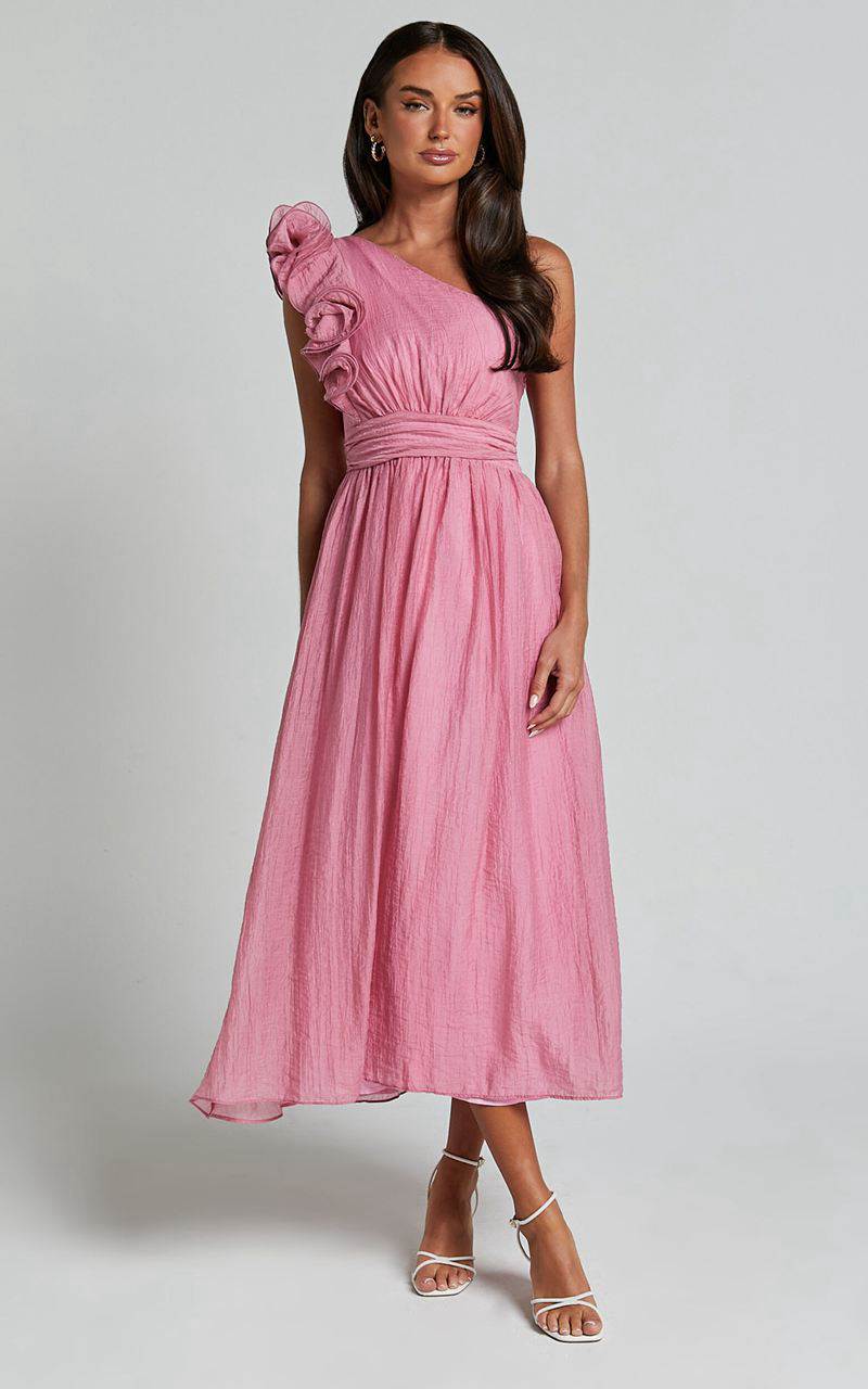 Showpo Dorothy Midi Dress - One Shoulder Frill Detail Fit And Flare Dress Pink | MECKJG851