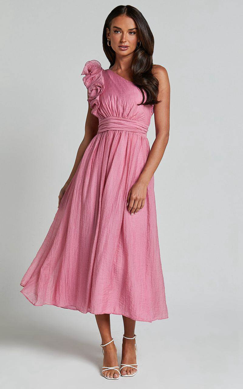 Showpo Dorothy Midi Dress - One Shoulder Frill Detail Fit And Flare Dress Pink | MECKJG851