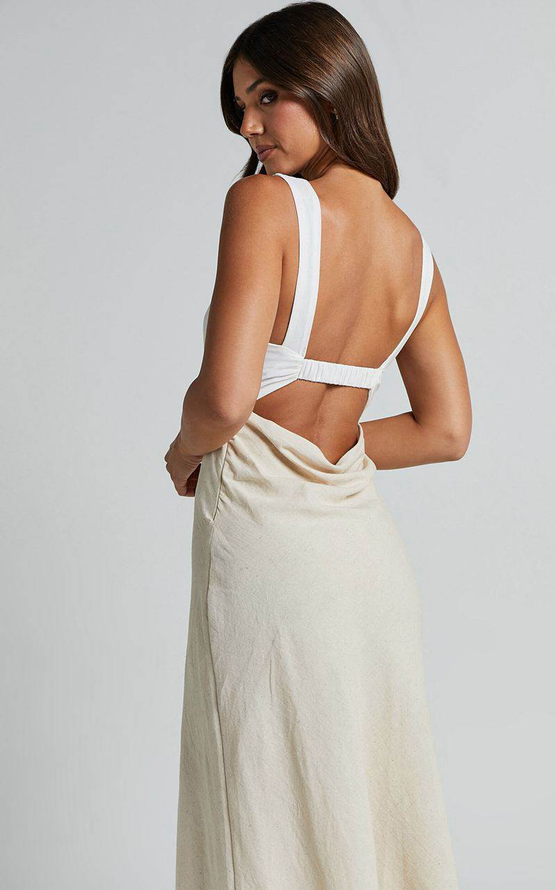 Showpo Dovie Midi Dress - Linen Look V Neck Low Back Cut Out Flare Dress Beige And White | NIYMQR135