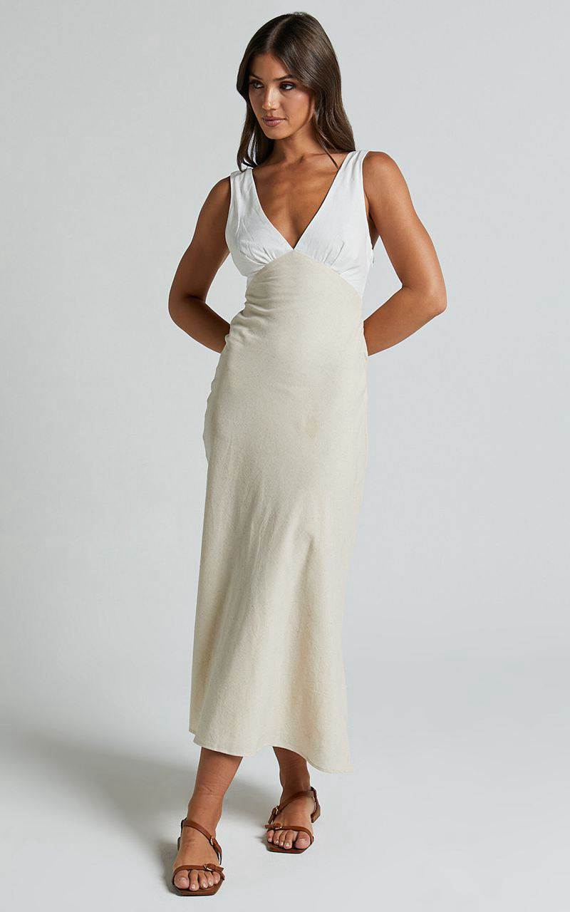 Showpo Dovie Midi Dress - Linen Look V Neck Low Back Cut Out Flare Dress Beige And White | NIYMQR135