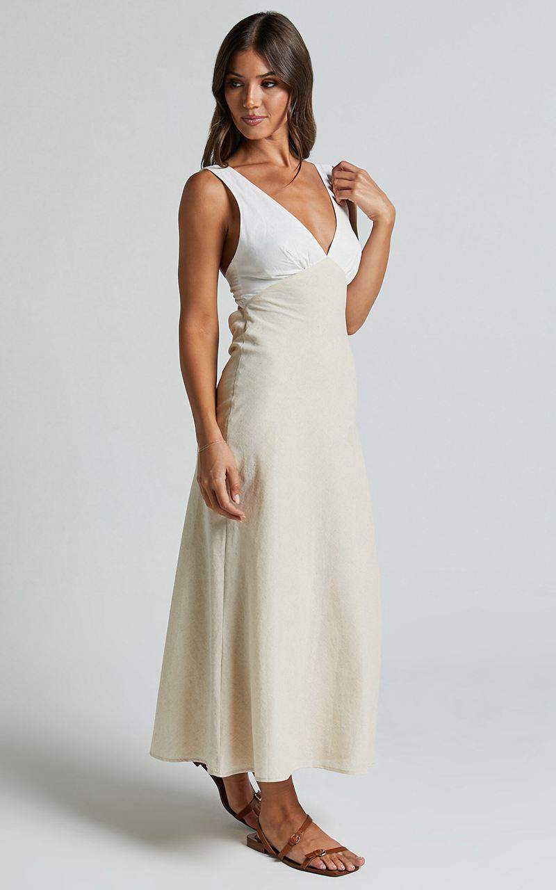 Showpo Dovie Midi Dress - Linen Look V Neck Low Back Cut Out Flare Dress Beige And White | NIYMQR135