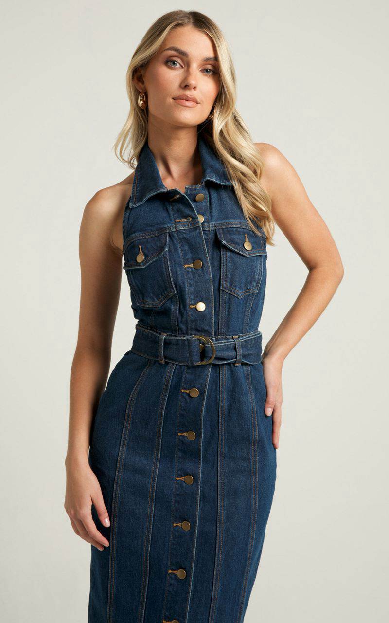 Showpo Dubai Denim Midi Dress - Sleeveless Collared Halter Neck Dark Wash | MKXOCV325