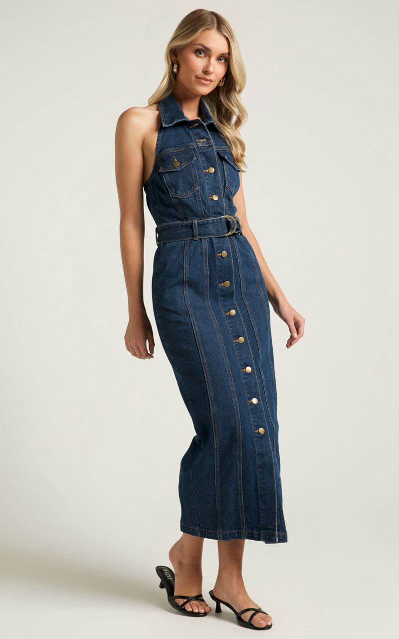 Showpo Dubai Denim Midi Dress - Sleeveless Collared Halter Neck Dark Wash | MKXOCV325