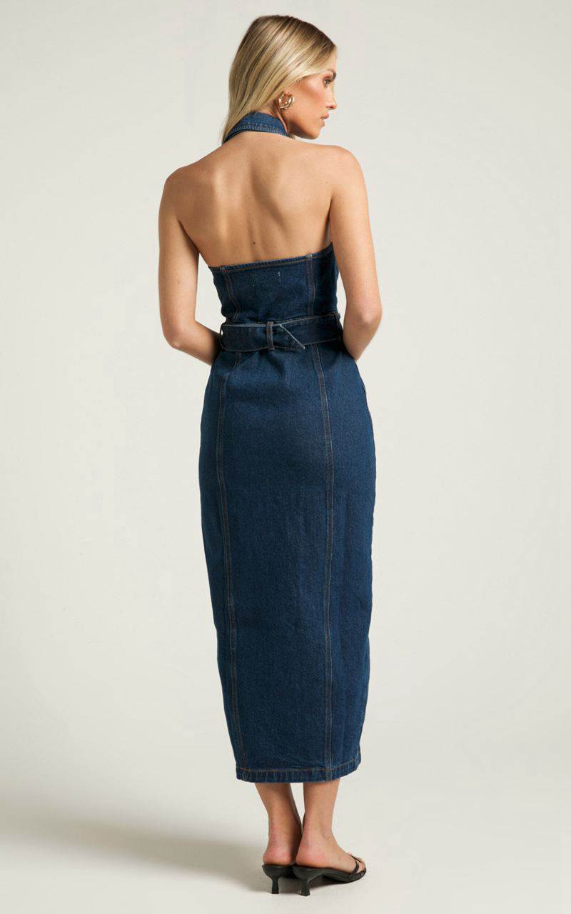 Showpo Dubai Denim Midi Dress - Sleeveless Collared Halter Neck Dark Wash | MKXOCV325