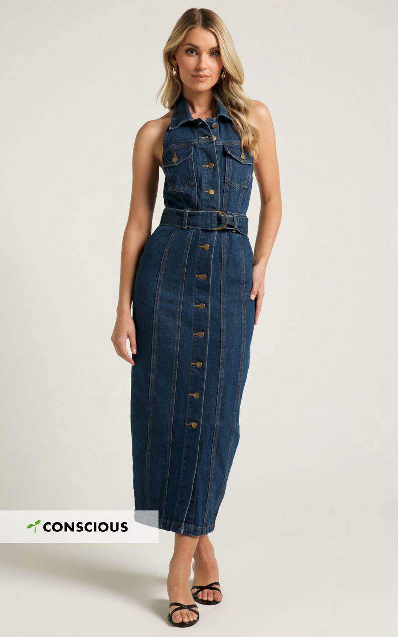 Showpo Dubai Denim Midi Dress - Sleeveless Collared Halter Neck Dark Wash | MKXOCV325