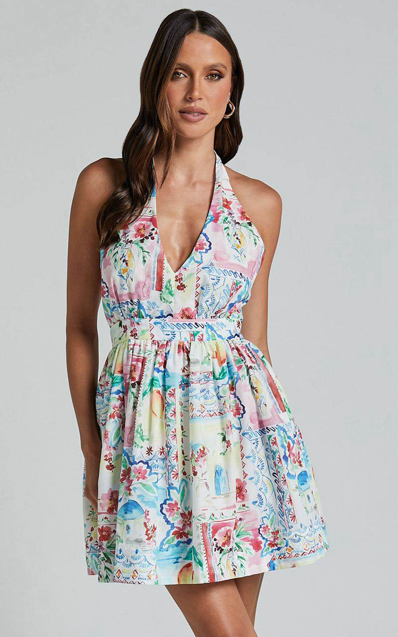 Showpo Duncan Mini Dress - Halter Neck Empire Waist Dress Vacay Print | LBUPOA713