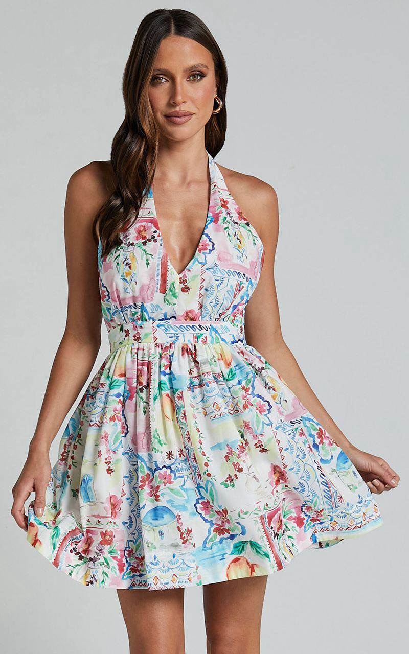 Showpo Duncan Mini Dress - Halter Neck Empire Waist Dress Vacay Print | LBUPOA713