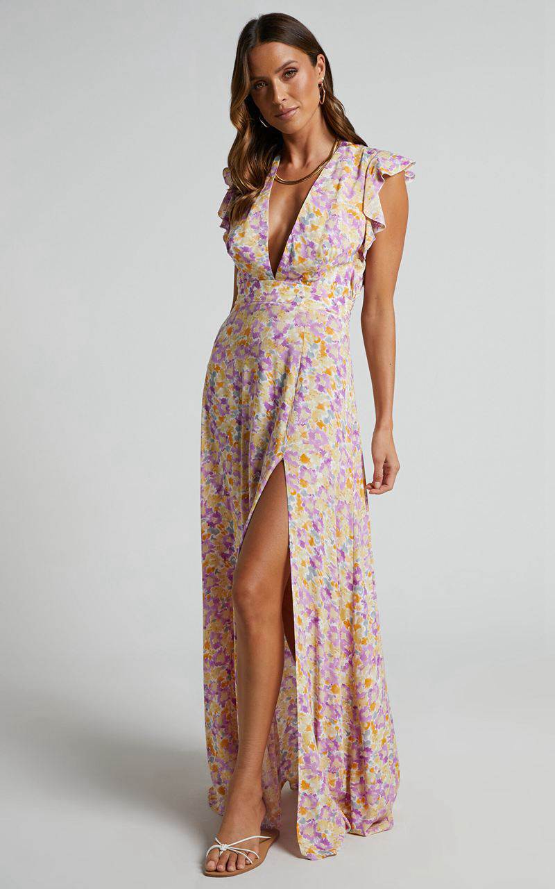 Showpo Dyliah Midi Dress - Thigh Split Frill Shoulder Plunge Neck Dress Multi Floral | FASREP568