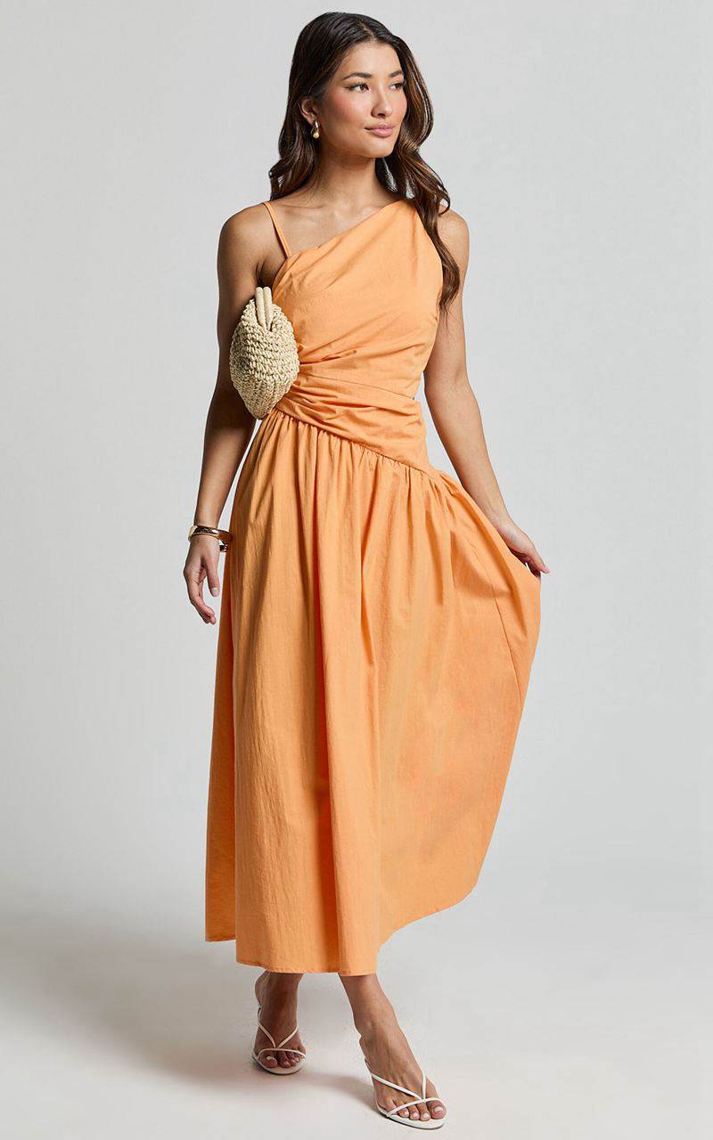 Showpo Ebony Midi Dress - Asymmetrical Cut Out Dress Orange | BZAMUD347