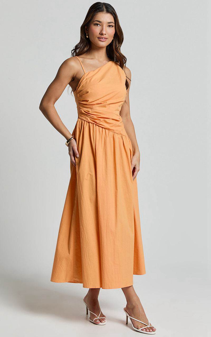 Showpo Ebony Midi Dress - Asymmetrical Cut Out Dress Orange | BZAMUD347