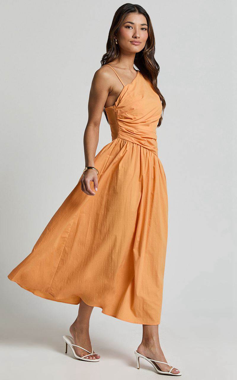 Showpo Ebony Midi Dress - Asymmetrical Cut Out Dress Orange | BZAMUD347