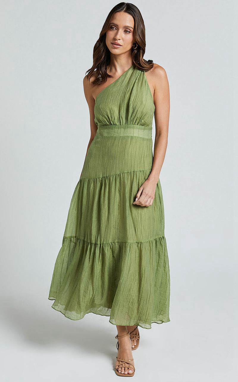 Showpo Edeline Midi Dress - One Shoulder Twist Tiered Dress Olive | QGRLWM216