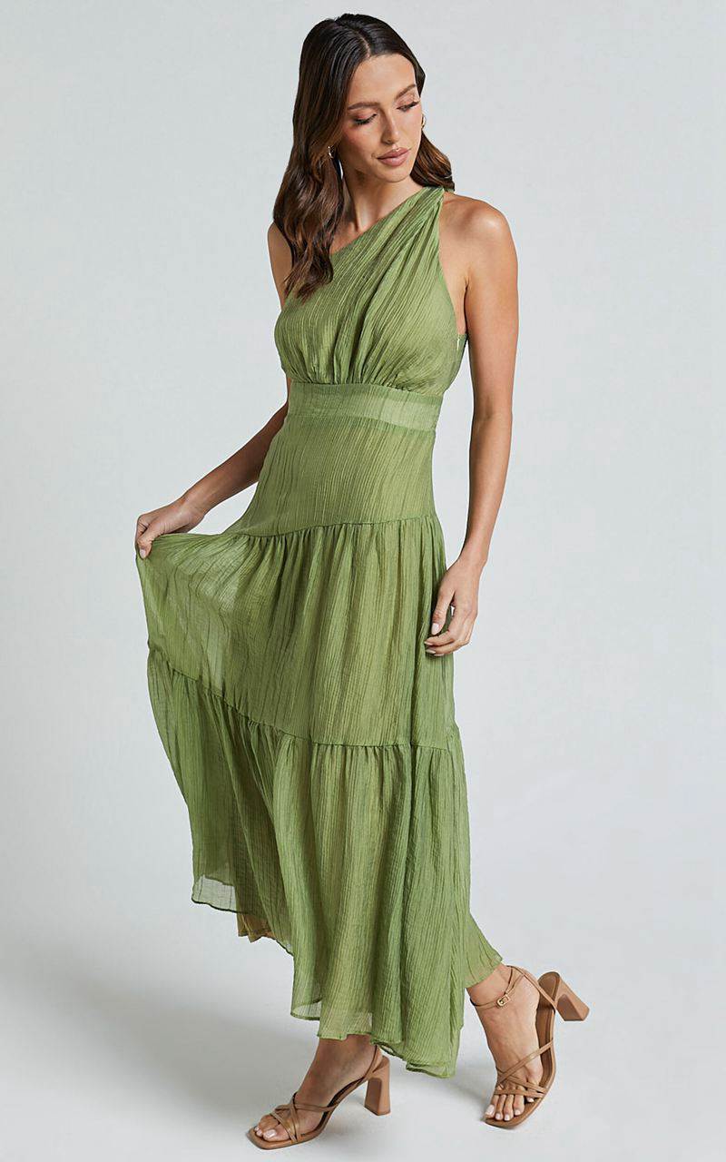 Showpo Edeline Midi Dress - One Shoulder Twist Tiered Dress Olive | QGRLWM216