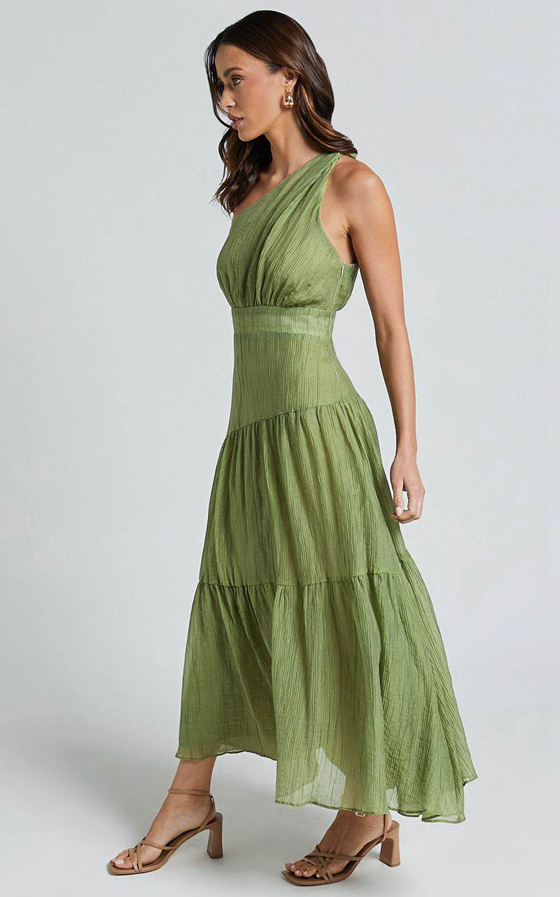 Showpo Edeline Midi Dress - One Shoulder Twist Tiered Dress Olive | QGRLWM216