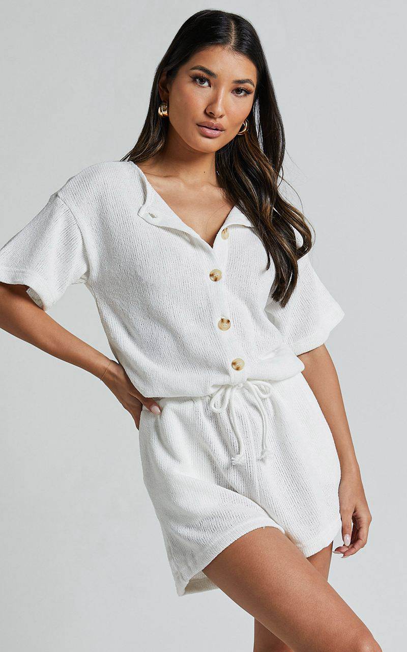 Showpo Edeline Playsuit - Button Front Short Sleeve Drawstring Waist Off White | XJPBTE163