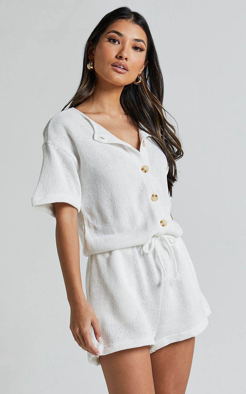 Showpo Edeline Playsuit - Button Front Short Sleeve Drawstring Waist Off White | XJPBTE163