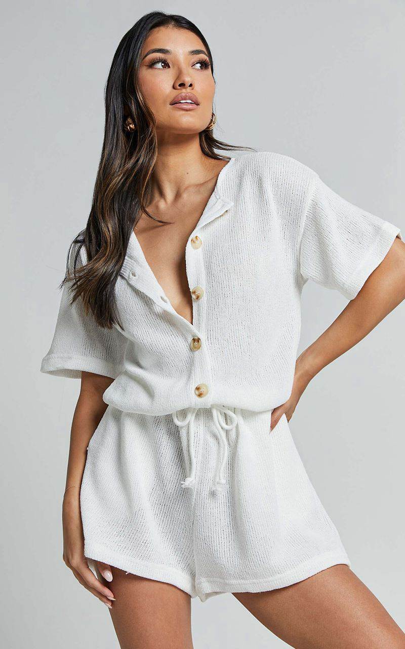 Showpo Edeline Playsuit - Button Front Short Sleeve Drawstring Waist Off White | XJPBTE163