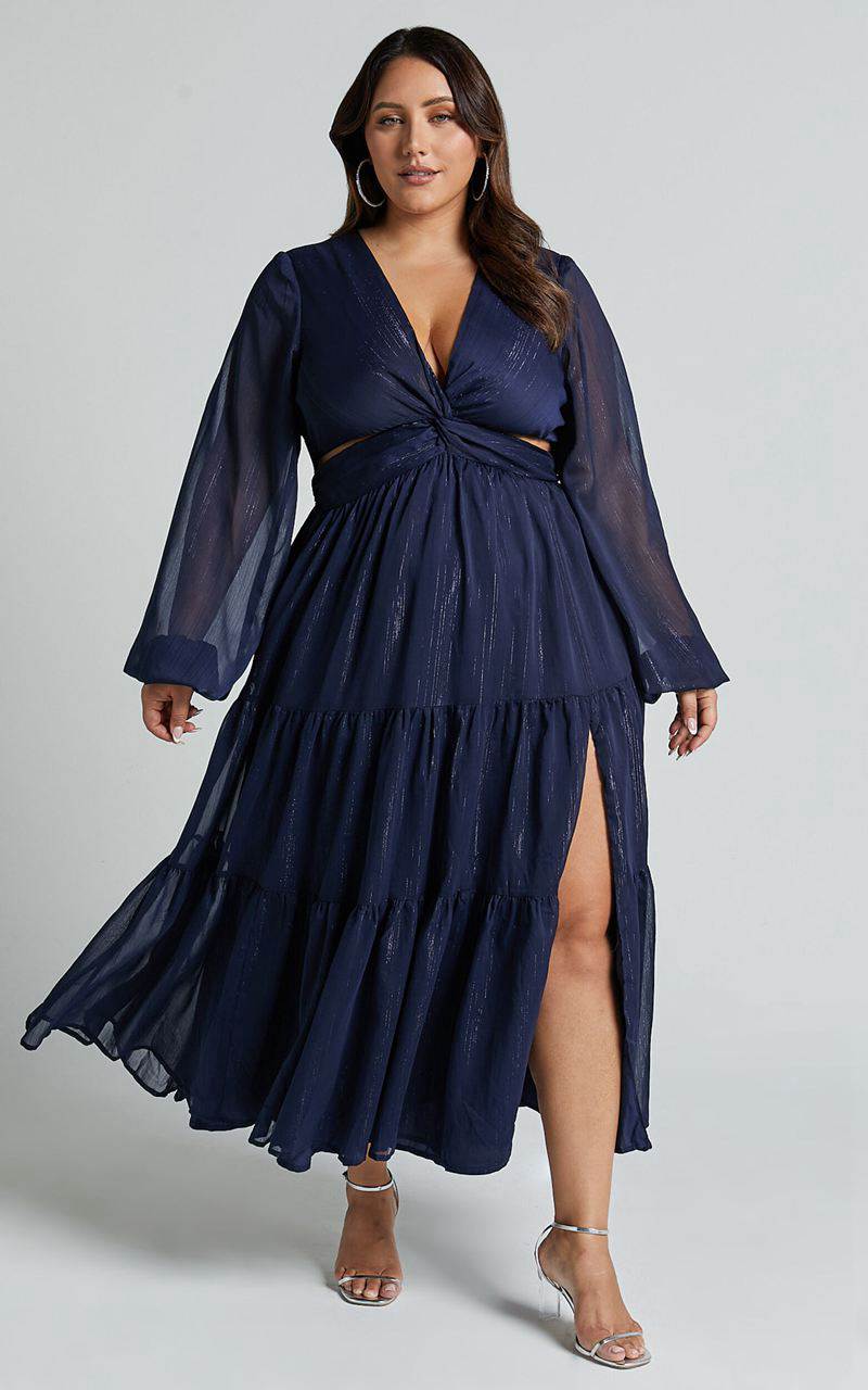 Showpo Edelyn Midi Dress - Cut Out Balloon Sleeve Tiered Dress Navy | QCENKT643