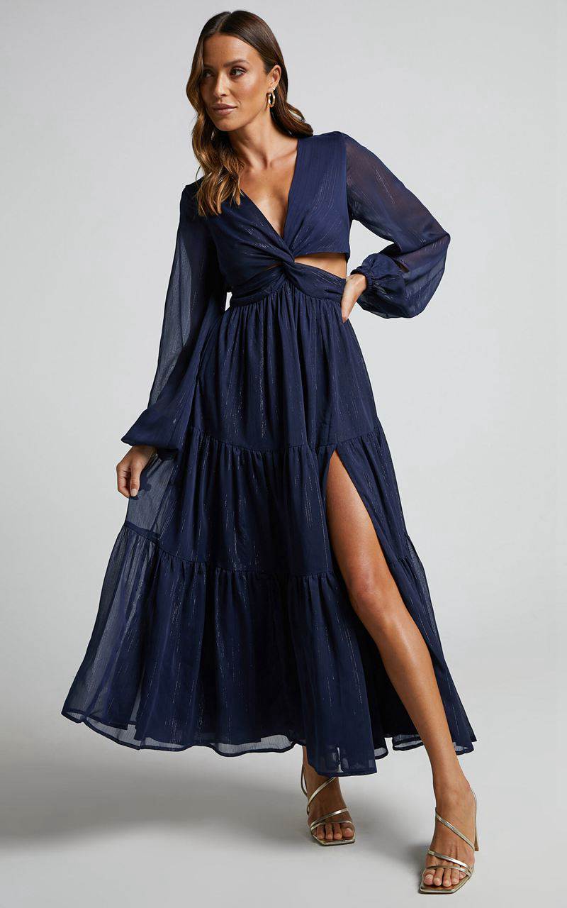 Showpo Edelyn Midi Dress - Cut Out Balloon Sleeve Tiered Dress Navy | QCENKT643