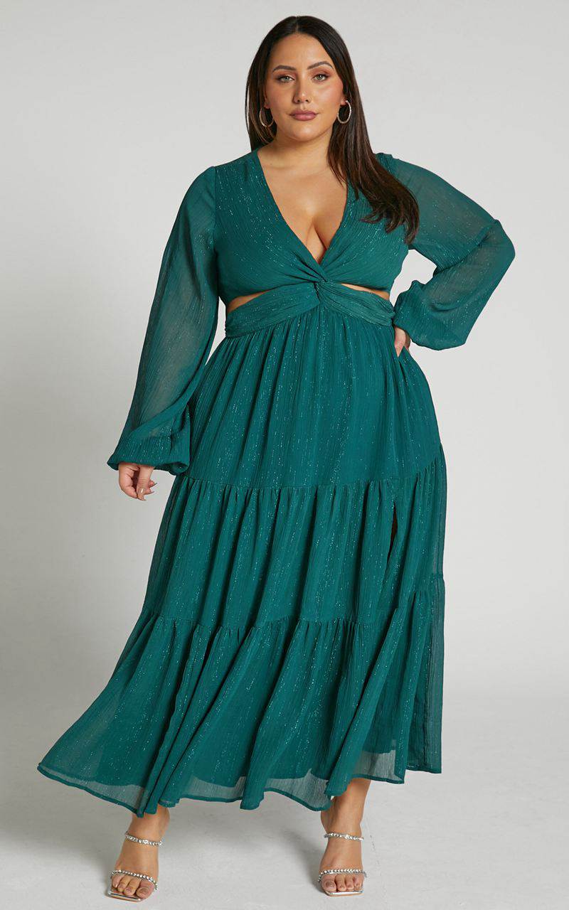 Showpo Edelyn Midi Dress - Cut Out Balloon Sleeve Tiered Dress Emerald | JGFQUW503