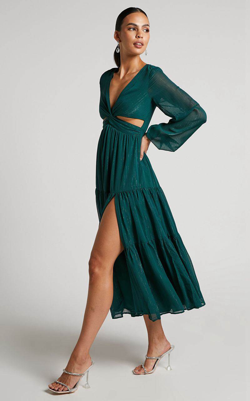 Showpo Edelyn Midi Dress - Cut Out Balloon Sleeve Tiered Dress Emerald | JGFQUW503