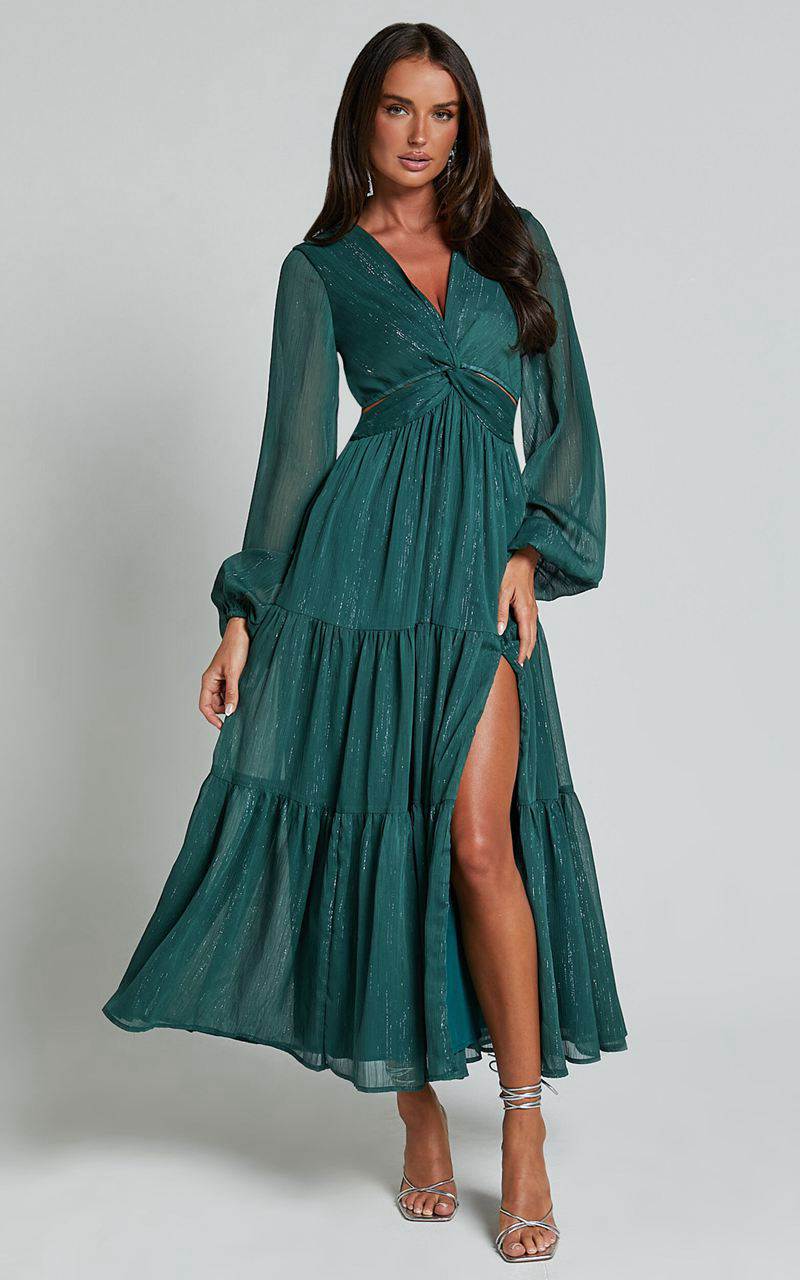 Showpo Edelyn Midi Dress - Cut Out Balloon Sleeve Tiered Dress Emerald | JGFQUW503