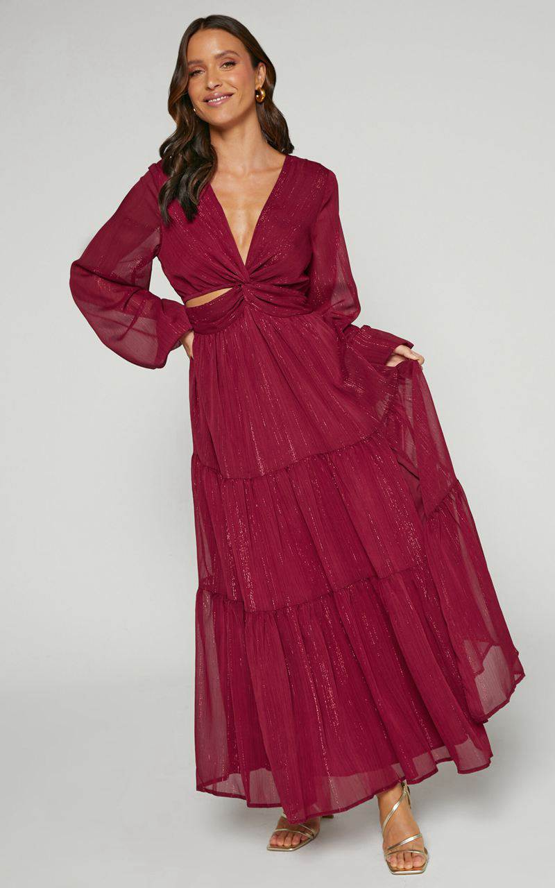 Showpo Edelyn Midi Dress - Cut Out Balloon Sleeve Tiered Dress Burgundy | GYRPJI285