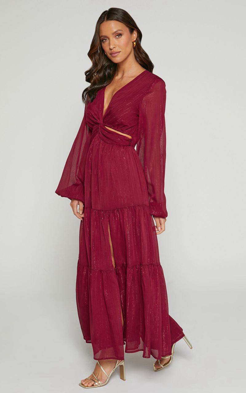 Showpo Edelyn Midi Dress - Cut Out Balloon Sleeve Tiered Dress Burgundy | GYRPJI285