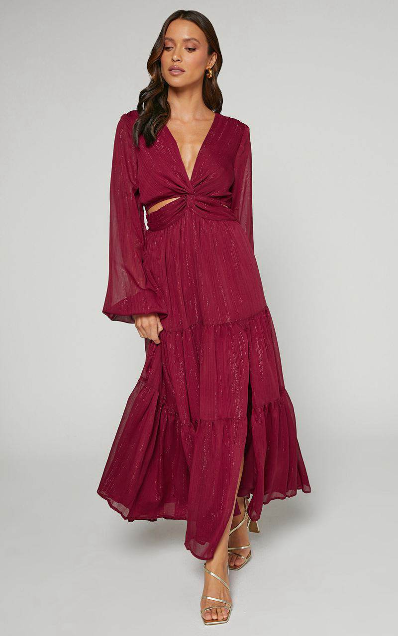 Showpo Edelyn Midi Dress - Cut Out Balloon Sleeve Tiered Dress Burgundy | GYRPJI285