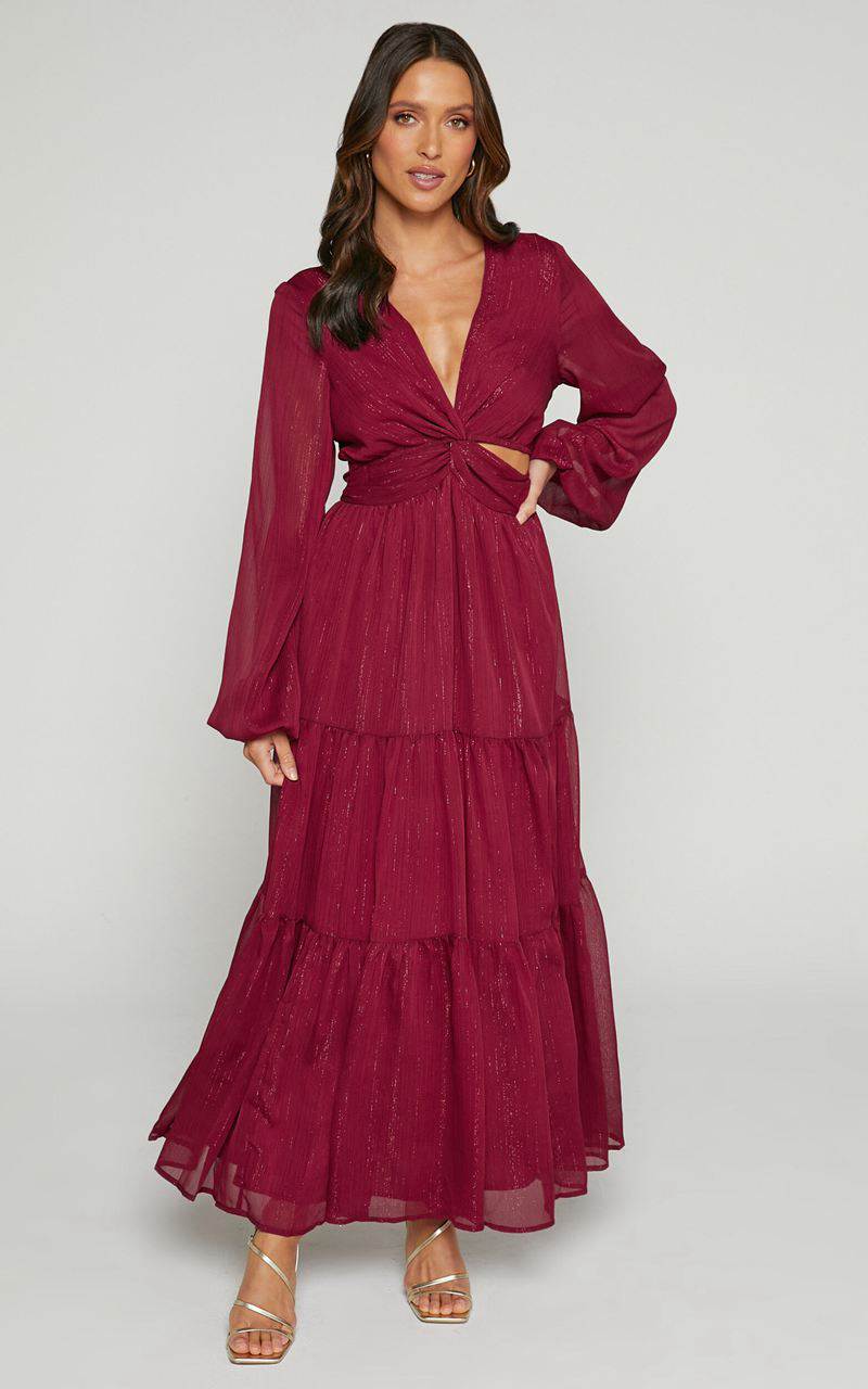 Showpo Edelyn Midi Dress - Cut Out Balloon Sleeve Tiered Dress Burgundy | GYRPJI285