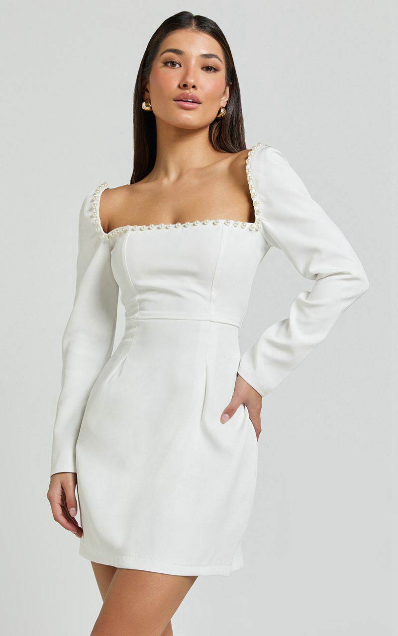 Showpo Edelyn Mini Dress - Square Neck Long Sleeve A Line Dress White | ERIDAH052