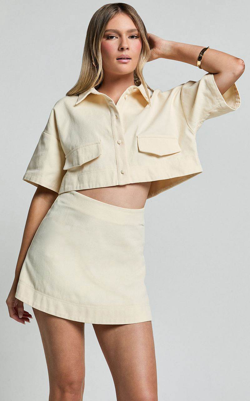 Showpo Edina Two Piece Set - Button Front Crop Top And A Line Mini Skirt Off White | GLWQUB284