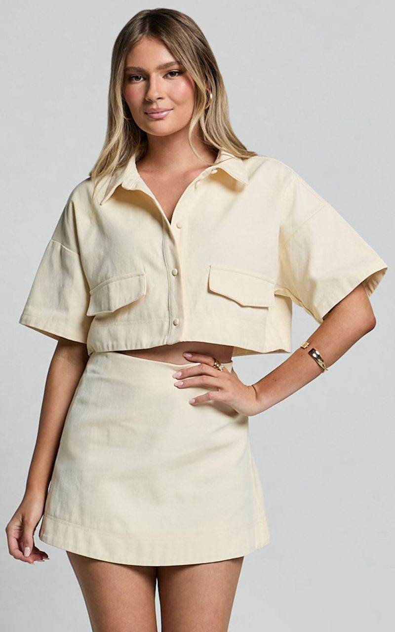 Showpo Edina Two Piece Set - Button Front Crop Top And A Line Mini Skirt Off White | GLWQUB284