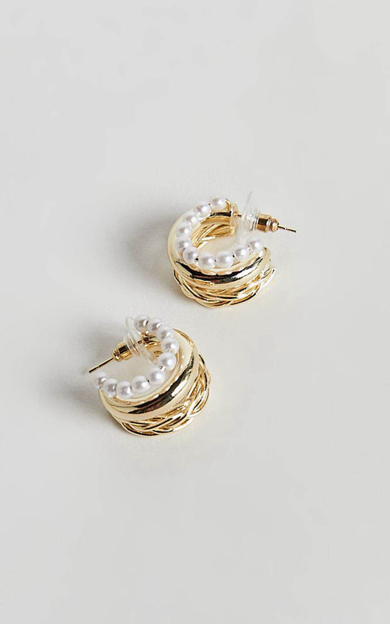 Showpo Edith Earrings - Triple Hoop Pearl Detail Earrings Gold | ACEHVZ591