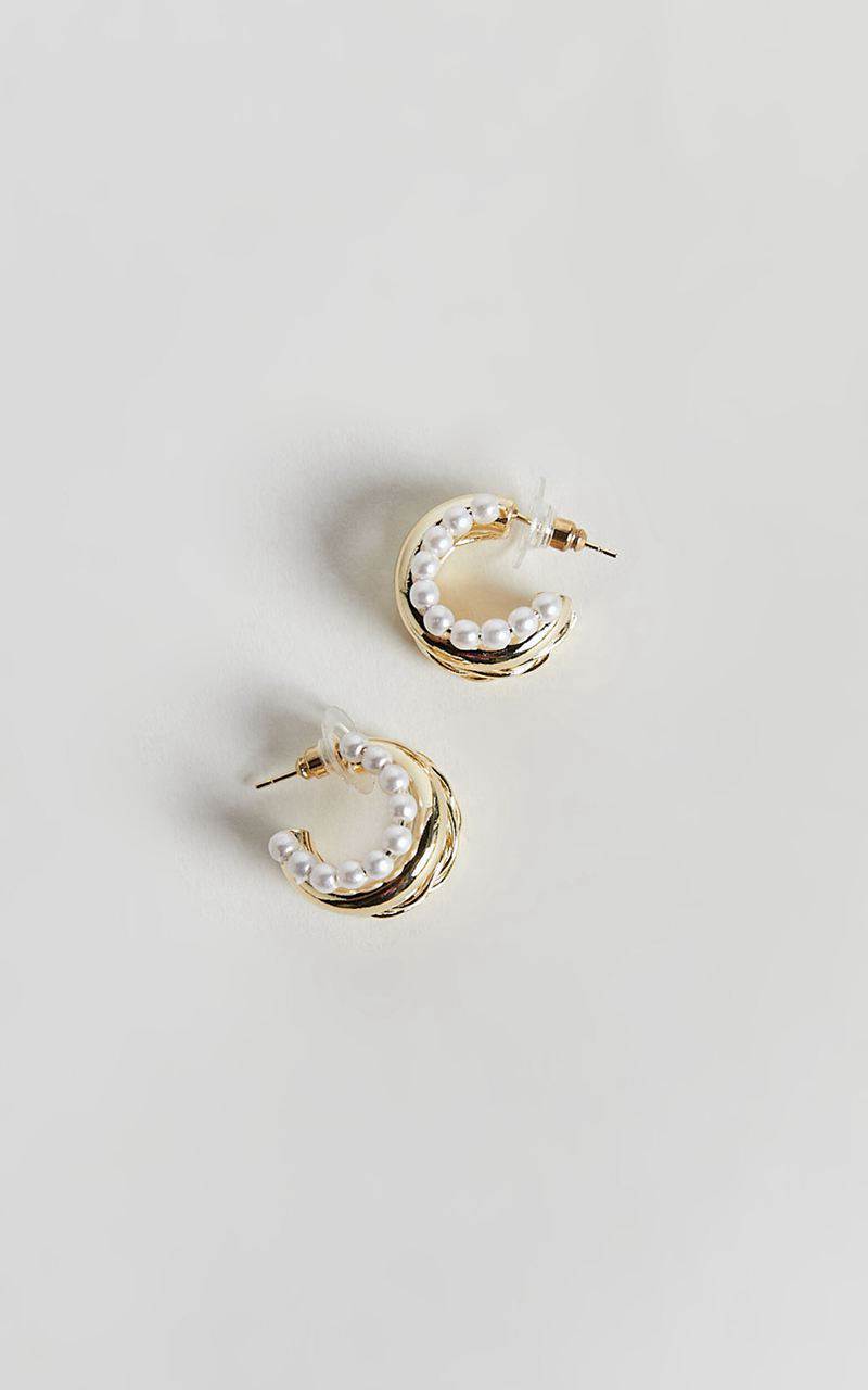 Showpo Edith Earrings - Triple Hoop Pearl Detail Earrings Gold | ACEHVZ591