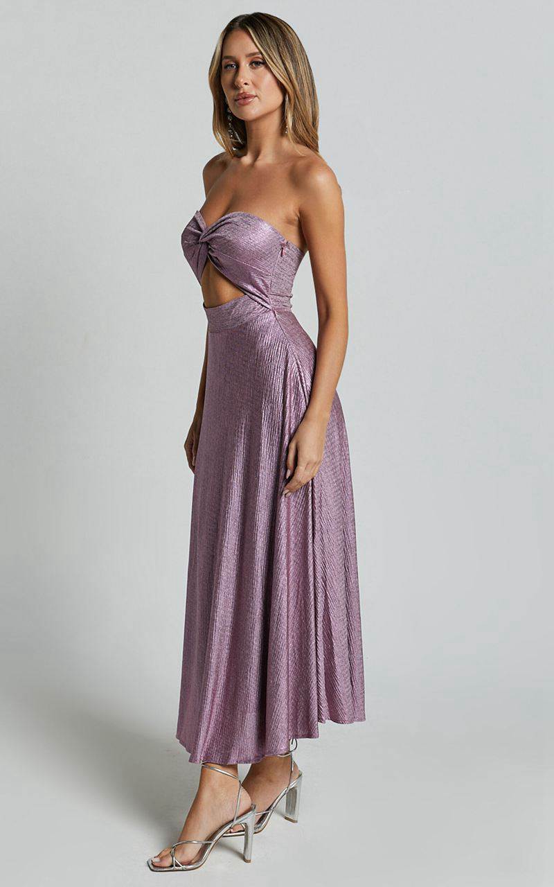 Showpo Effie Midi Dress - Strapless Twist Front Metallic Dress Pink | NVGFTH258