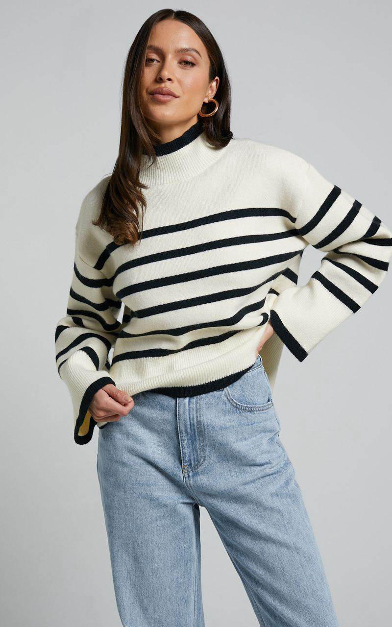 Showpo Ehliza Jumper - Mock Neck Wide Sleve Knit Jumper Cream Black | POMFKZ084