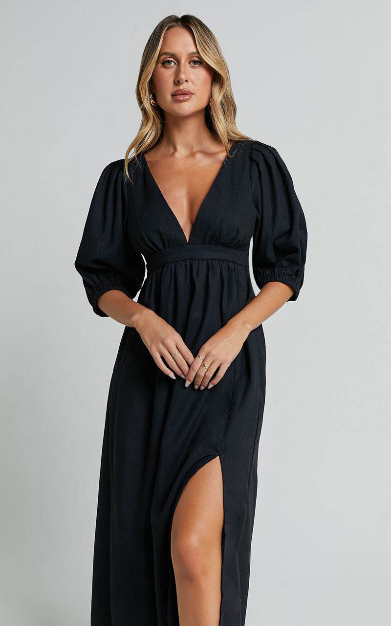 Showpo Eidie Midi Dress - Linen Look Puff Sleeve Open Tie Back Flare Dress Black | LBNZEW564