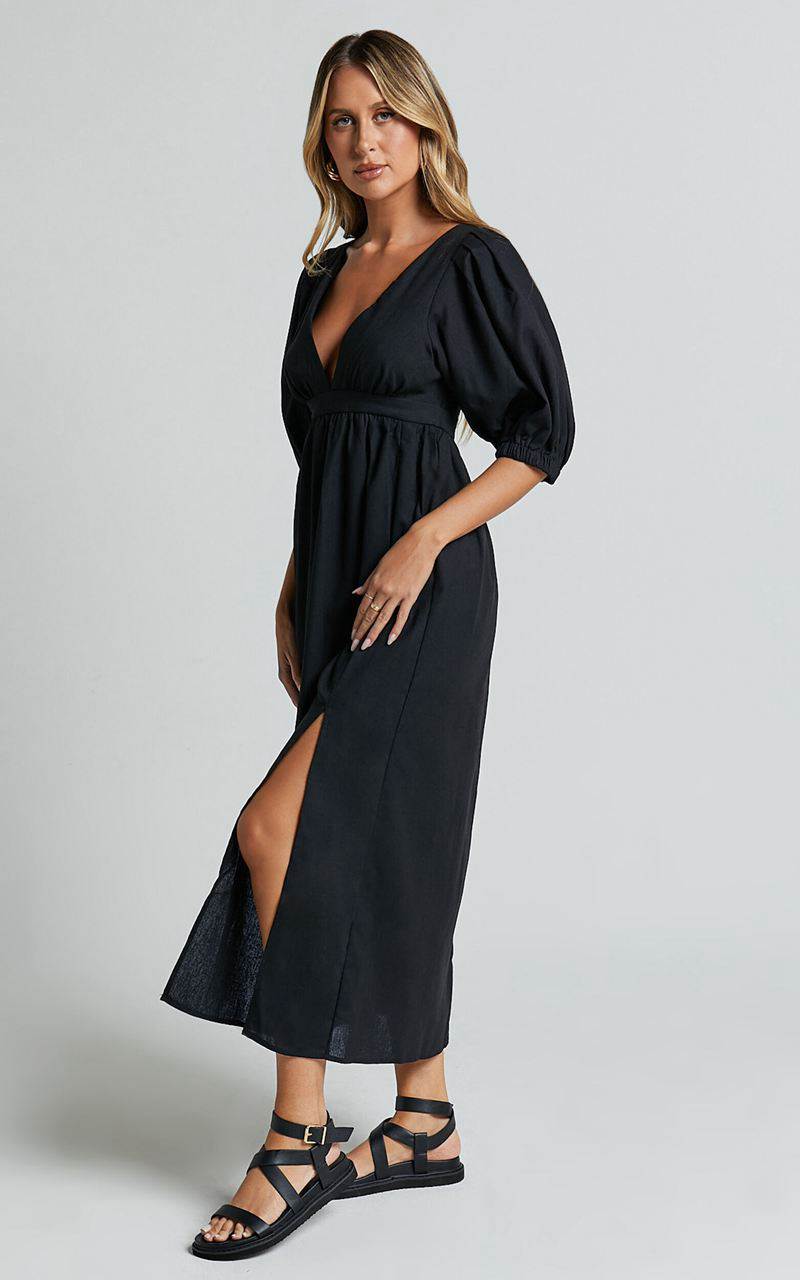 Showpo Eidie Midi Dress - Linen Look Puff Sleeve Open Tie Back Flare Dress Black | LBNZEW564