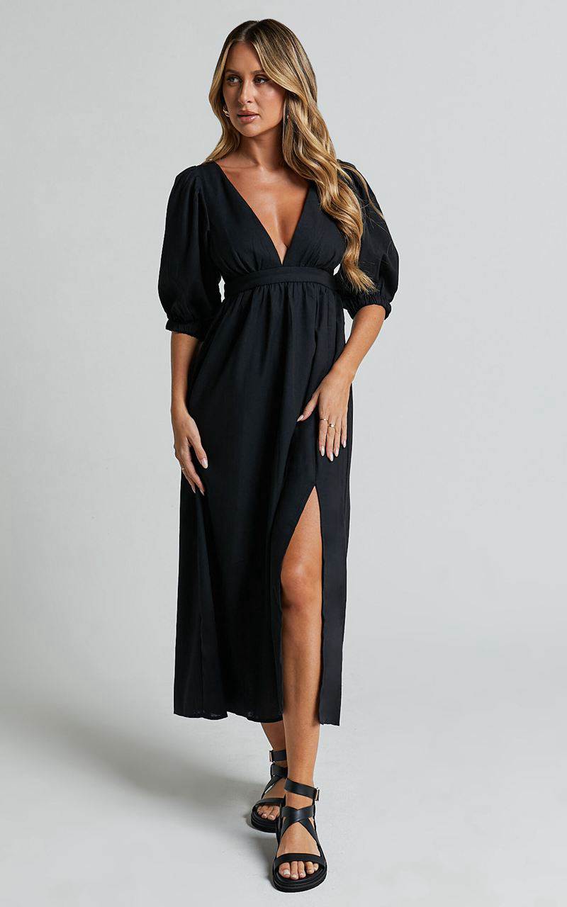 Showpo Eidie Midi Dress - Linen Look Puff Sleeve Open Tie Back Flare Dress Black | LBNZEW564