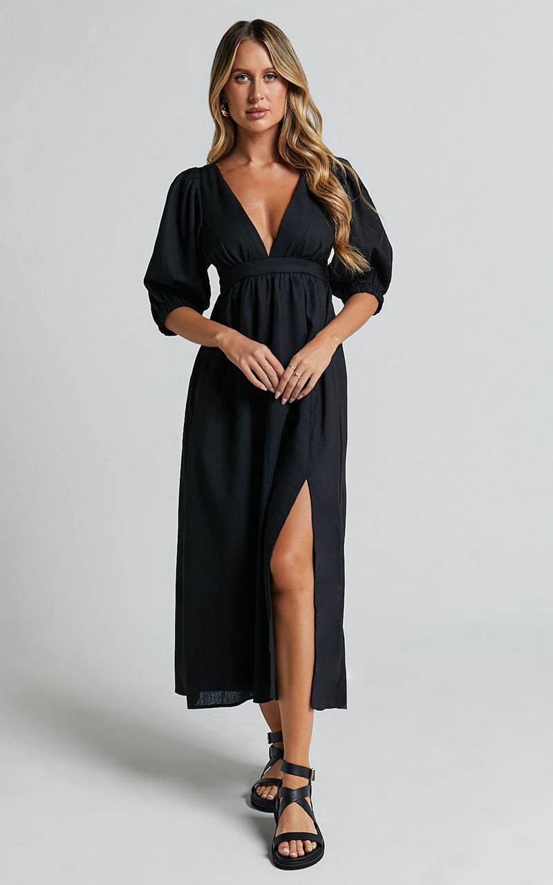 Showpo Eidie Midi Dress - Linen Look Puff Sleeve Open Tie Back Flare Dress Black | LBNZEW564