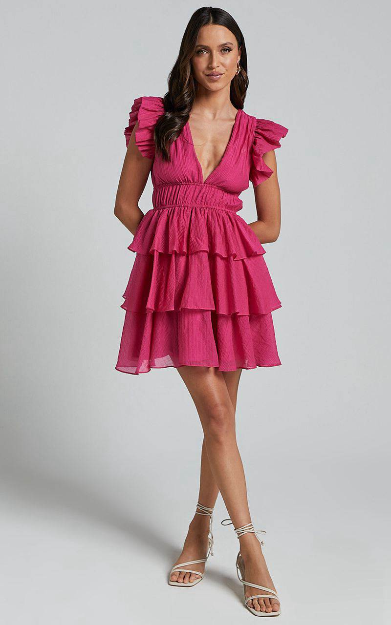 Showpo Elbertine Mini Dress - Flutter Sleeve Pleated Dress Hot Pink | QYPMNB391