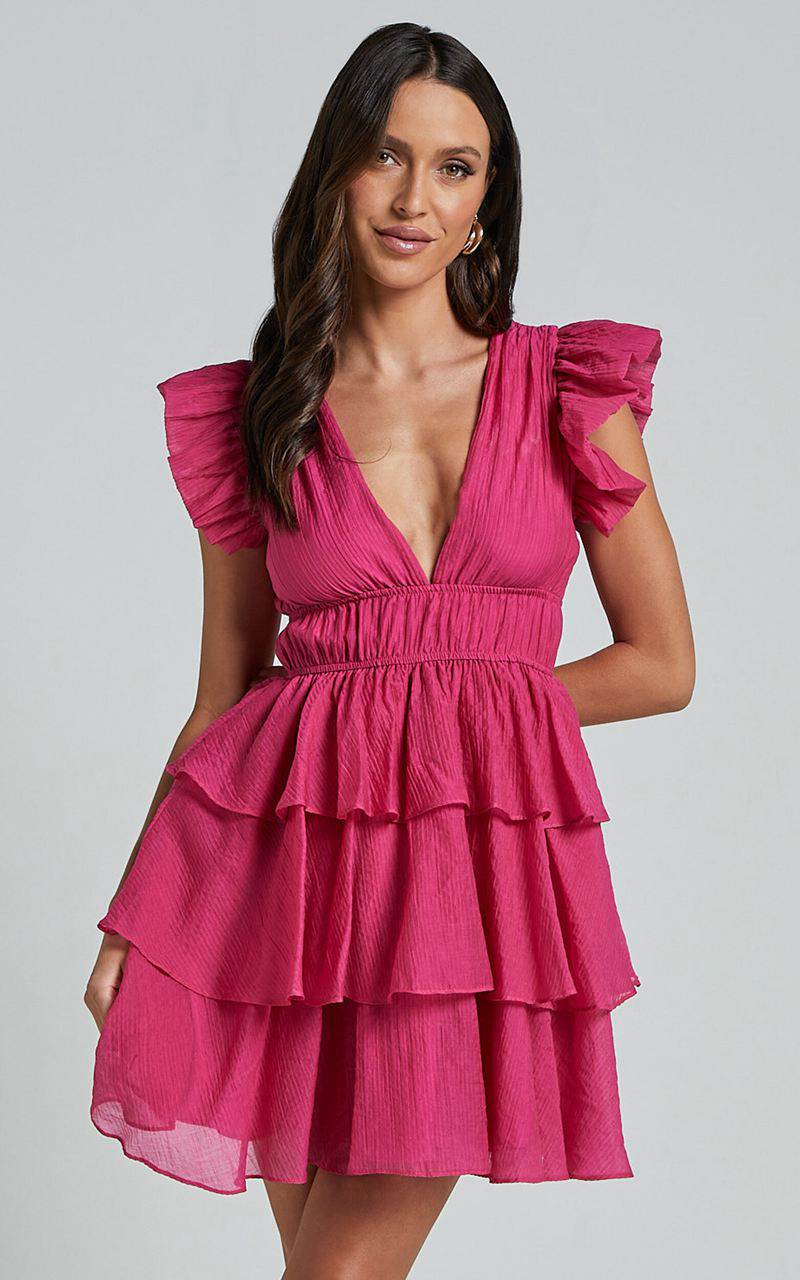 Showpo Elbertine Mini Dress - Flutter Sleeve Pleated Dress Hot Pink | QYPMNB391