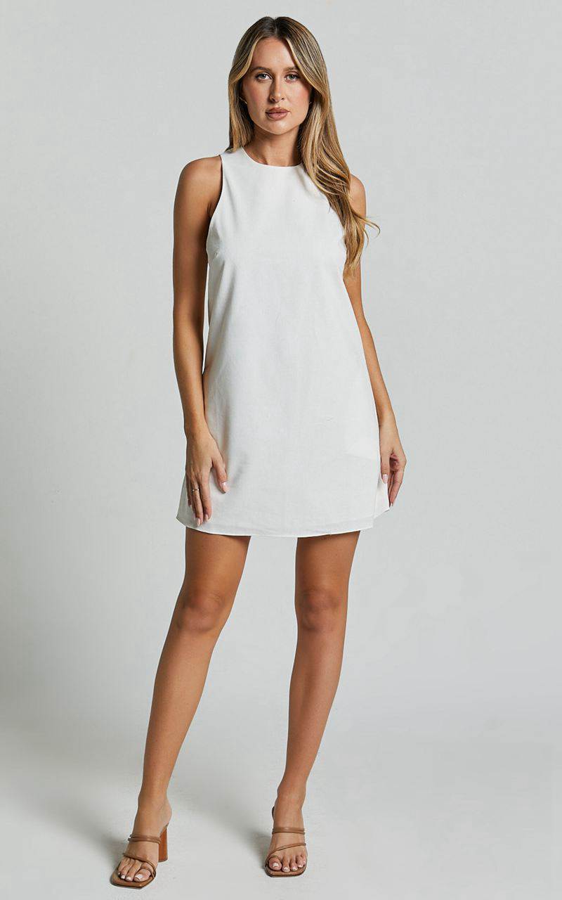 Showpo Elda Mini Dress - Linen Look High Neck Shift Dress Off White | NQOEHP370